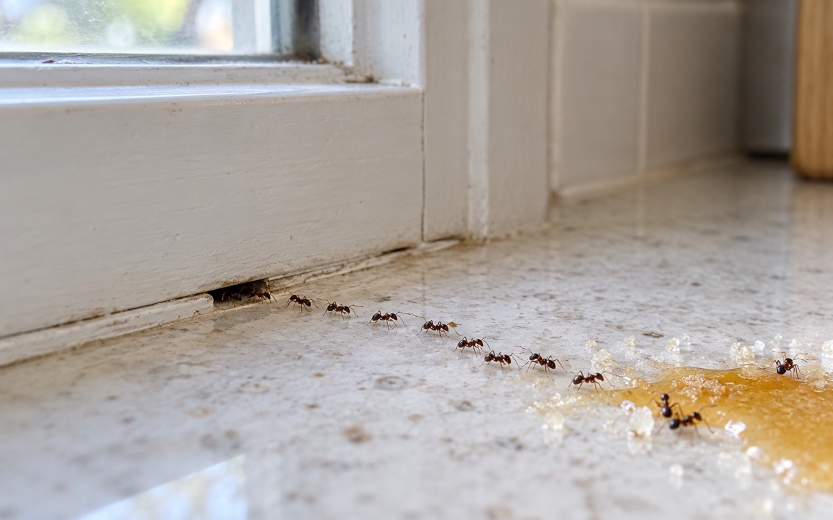 A trail of small ants crossing a kitchen counter from a gap in the window frame