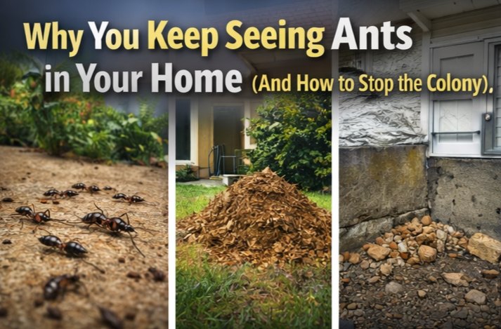 Ants on a path, a mulch pile, and a gap at a home's foundation