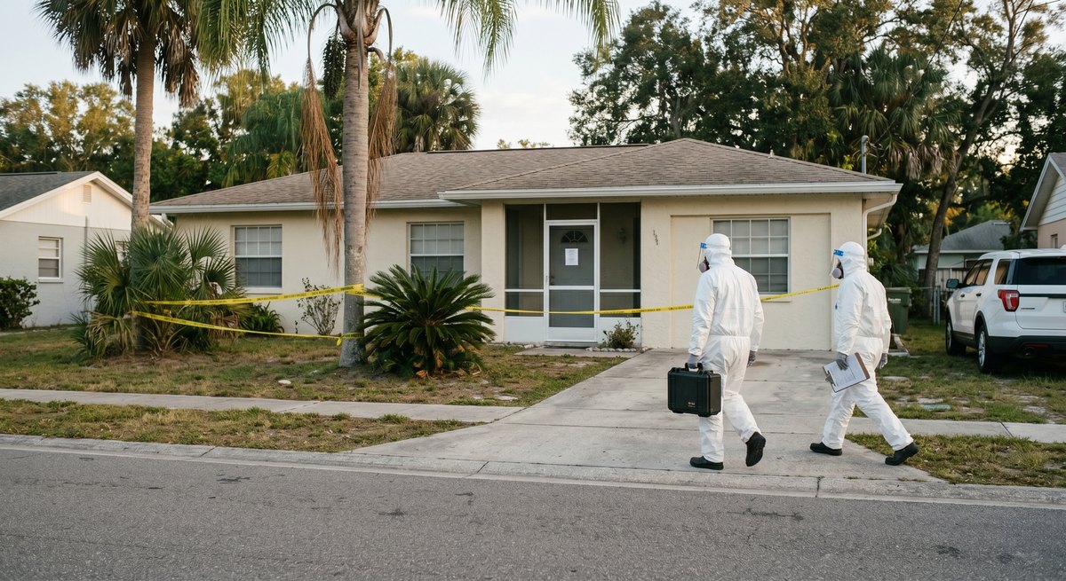 Two investigators in white protective suits walking toward a taped-off Florida home