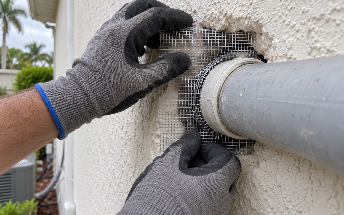 Gloved hands fitting metal mesh around a pipe opening in an exterior wall