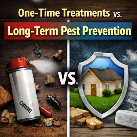 A bug spray can beside a shielded house, one-time treatment versus long-term prevention