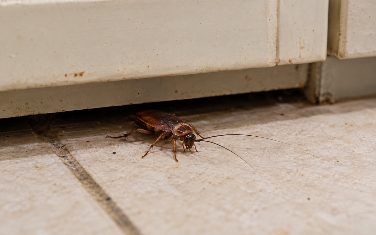 A cockroach emerging from a gap beneath a kitchen cabinet