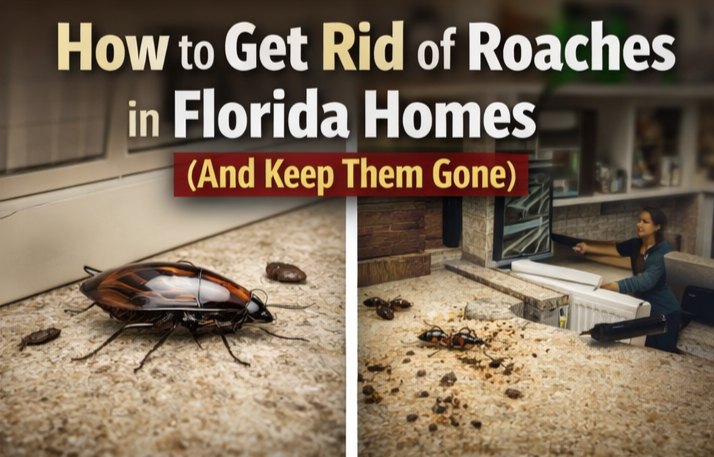 A cockroach on a kitchen floor and a homeowner inspecting behind an appliance