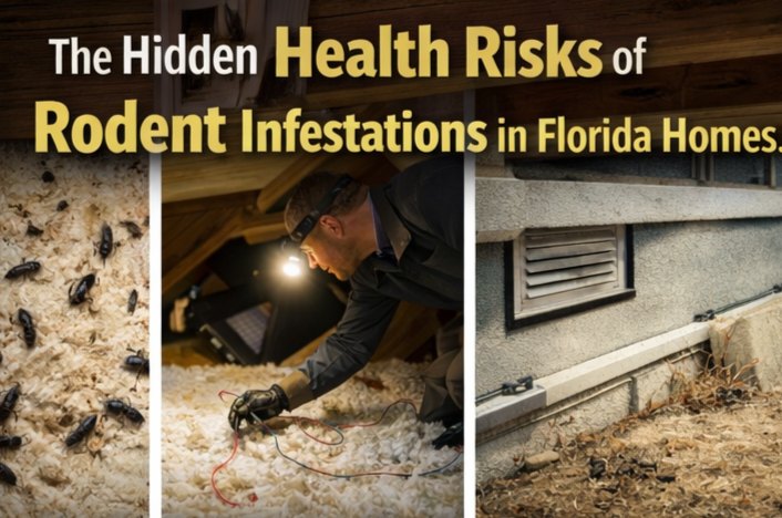 Rodent droppings in insulation, a technician inspecting an attic, and a sealed foundation vent