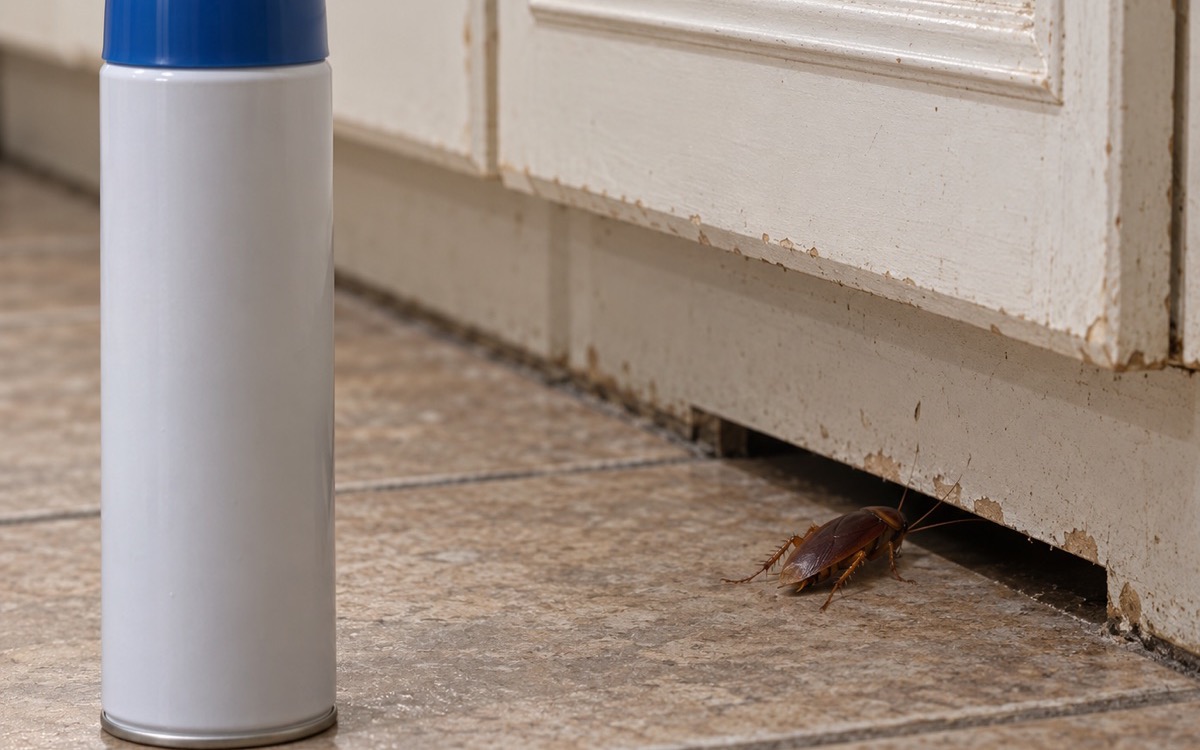 A household bug-spray can beside a cockroach retreating into a cabinet gap