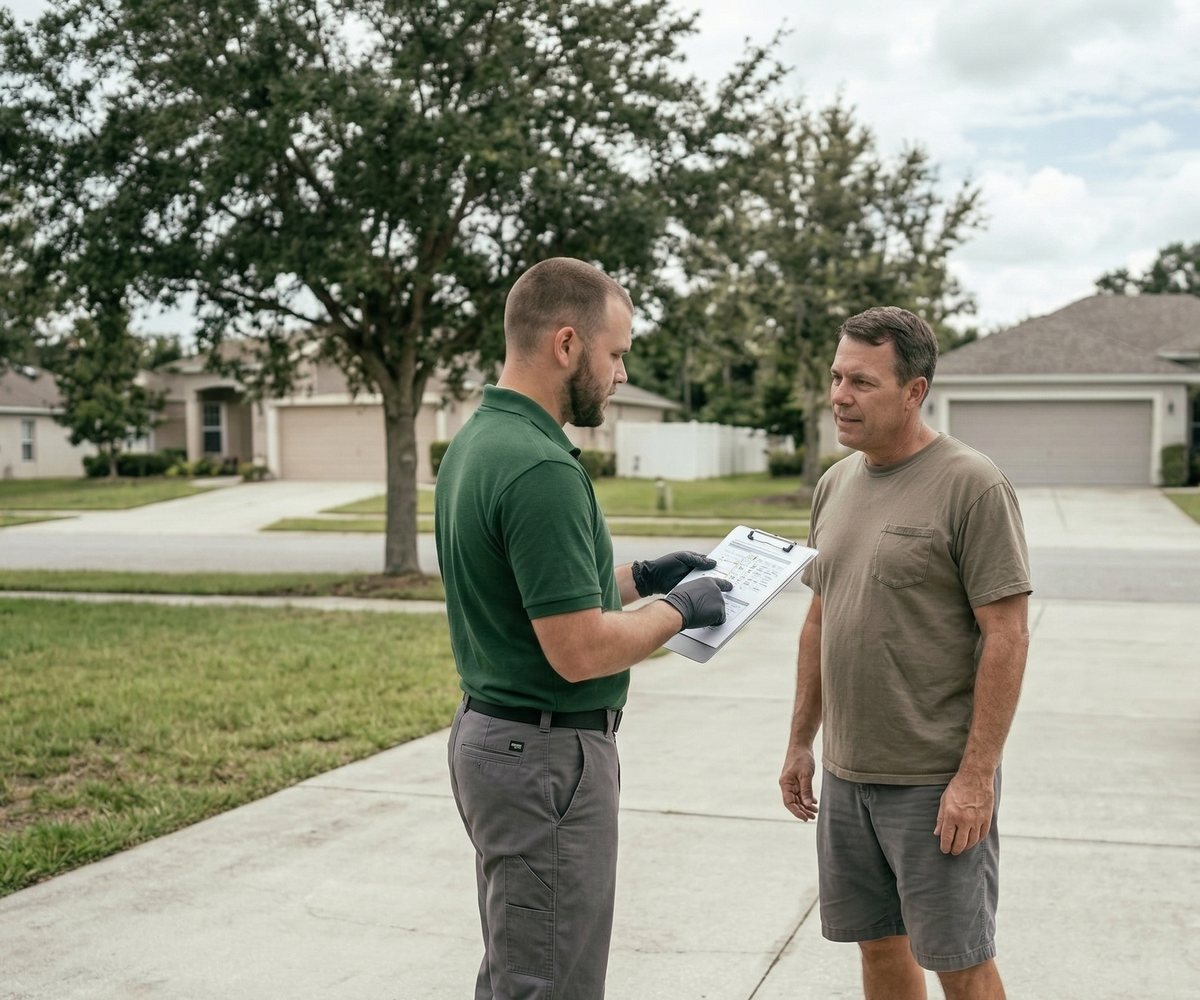 A Gator Pest Control technician going over a service plan with a homeowner in their driveway