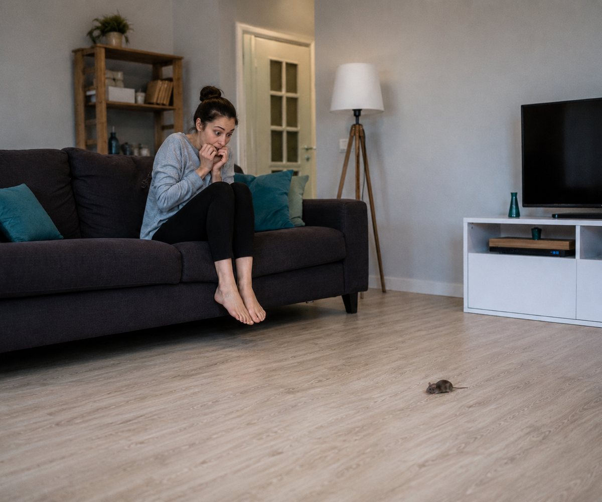 A homeowner pulling her feet onto the couch after spotting a mouse on the living room floor