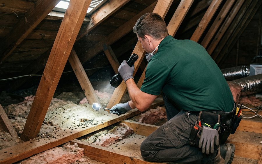 A technician inspecting an attic with a flashlight for rodent entry points