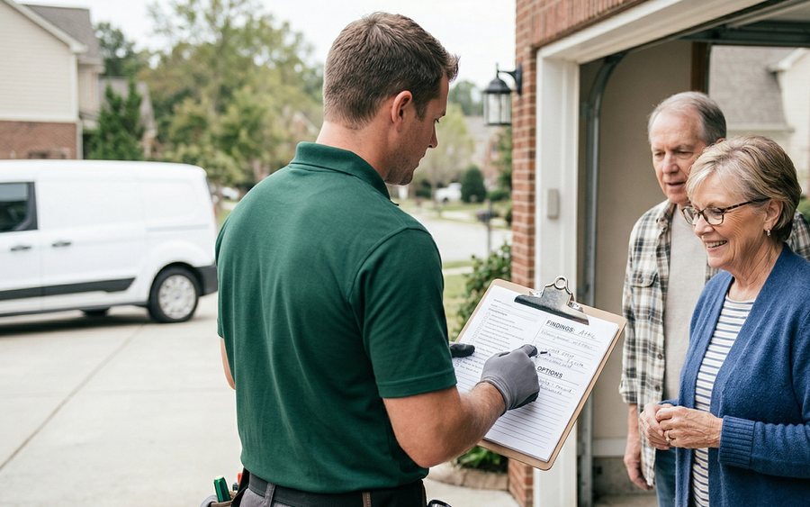 A technician going over inspection findings with a couple outside their garage
