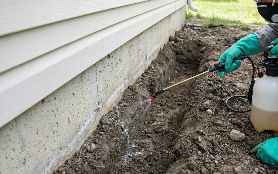 Termiticide being applied to a trench along a home's foundation