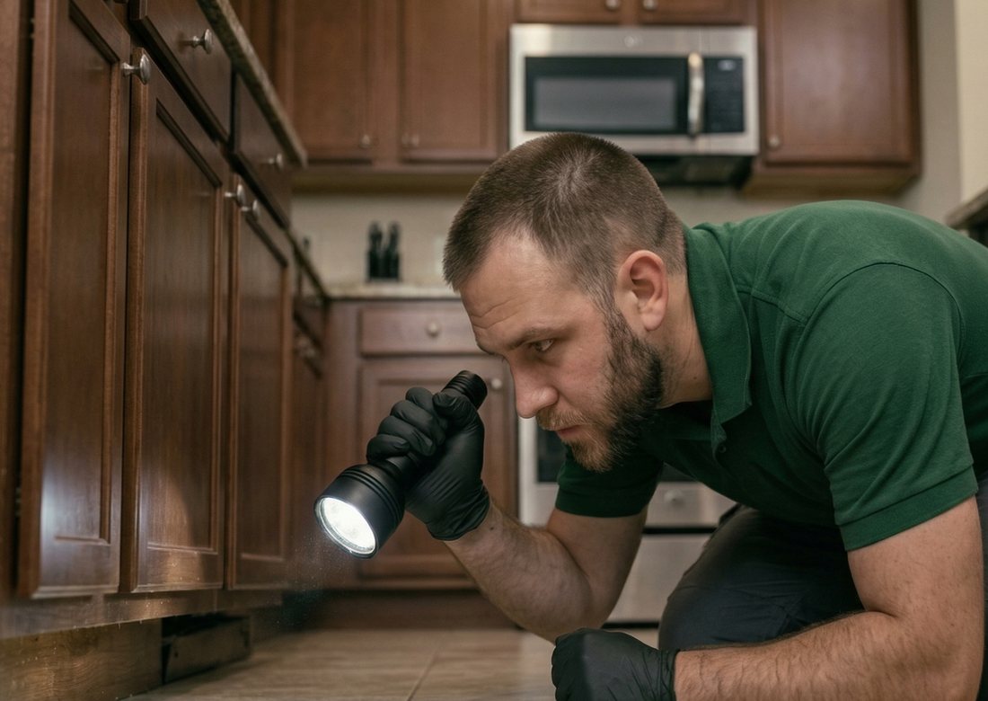 A technician inspecting the base of kitchen cabinets with a flashlight for termite activity
